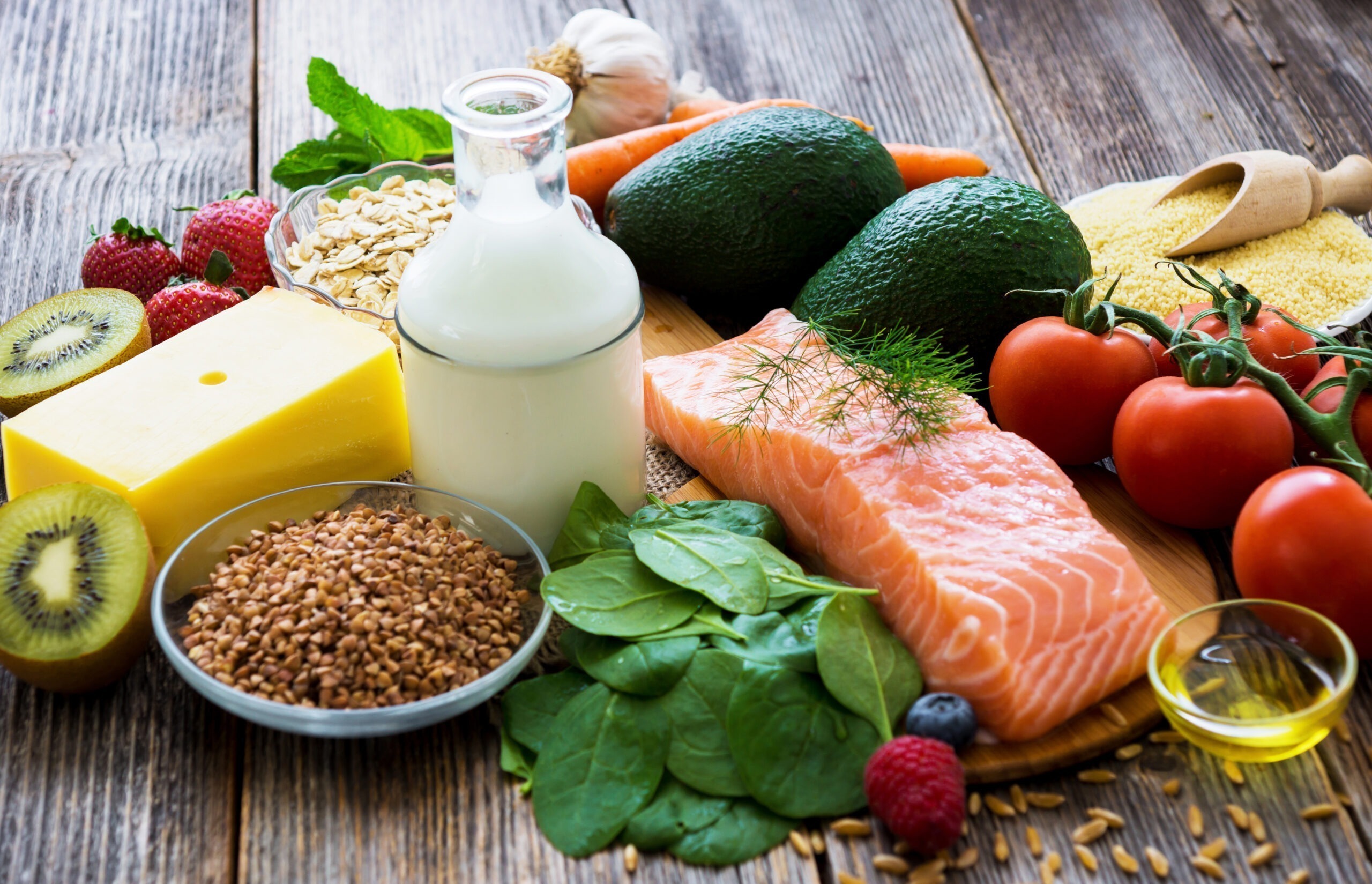 Selection Of Healthy Food On Rustic Wooden Background